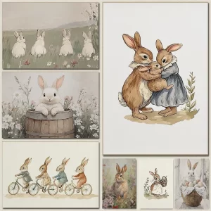 Minimalist Canvas Posters Cute Baby Rabbit Nursery The Rabbit Family Prints Spring Bunny Fashion Wall Art Home Living Room Decor