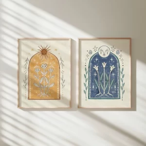 Moon Sun Poster Fine Art Print Bohemian Home Gallery Wall Rustic Hanging Floral Yellow Hippie Decor Handmade