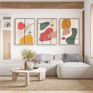 3pcs Multi-colour Lines Colour Blocks Abstract Art Poster Gallery Exhibition Warm Modern Canvas Painting Living Room Wall Art