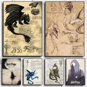 1pc Harries P-Potter Magical Creatures Dragon Anime Posters Sticky Decoracion Painting Wall Art White Kraft Paper Wall Decor