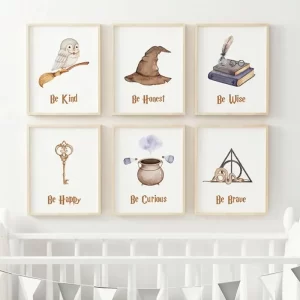 Vintage Magical Style Wizard Owl Book Cartoon Nursery Minimalist Print Canvas Painting for Living Room Modern Home Decor