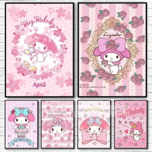 My Melody Pink Cute Anime Poster Sticky Wall Art Printing Waterproof Home Living Bed Room Bar Hallway Aesthetic Decor