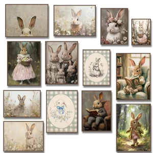Vintage Victorian Easter Bunny Poster Print, Rabbit Reading A Book Canvas Painting Wall Art Nursery Kids Room Decor Cuadros